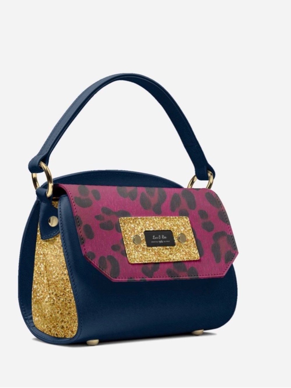 Made in Italy Handbag. Pink, Gold Glitter, & oceanic (dark blue-teal) Leather.